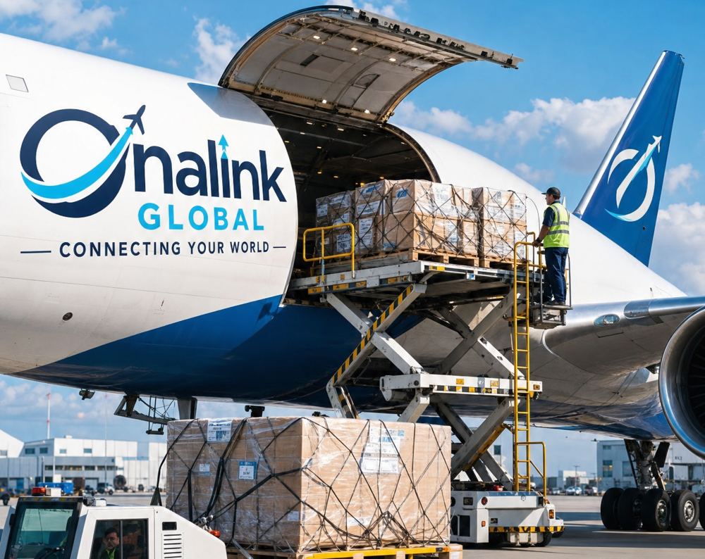 Cargo pallet being lifted into an Onalink Global plane on the airport apron